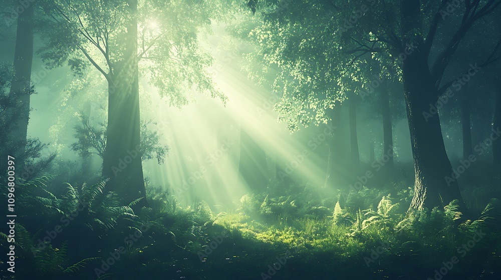 A peaceful forest floor covered in greenery and fallen leaves, with soft beams of sunlight breaking through the tree canopy.