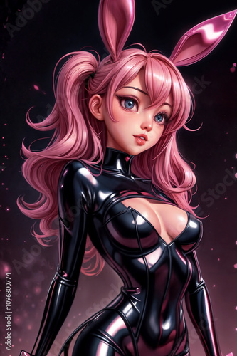 Sexy blue eyes pink hair Anime character Black Leather with Bunny Ears