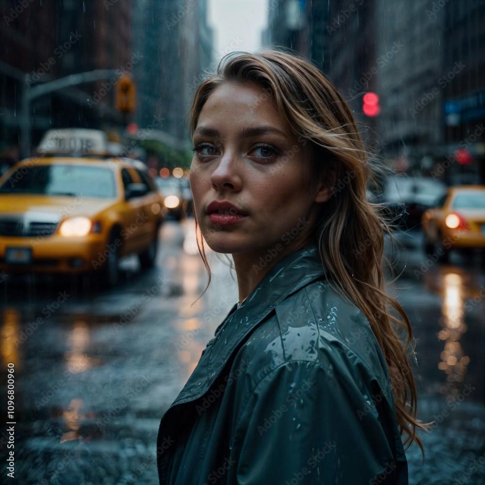 Fototapeta premium A woman stands amidst the hustle of New York City in the rain
