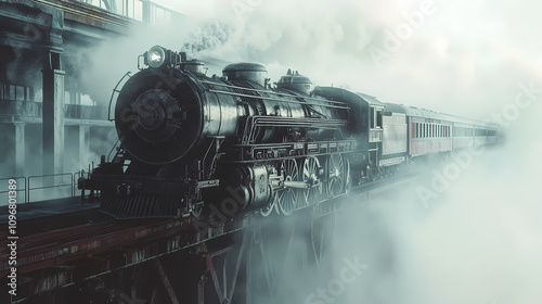 Steampunk steam locomotive with intricate mechanical details on a foggy railway track in a vintage industrial setting. Steampunk Train Station. Illustration