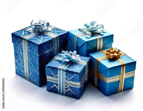 Hanukkah gift boxes wrapped in silver, blue, and gold with decorative bows photo