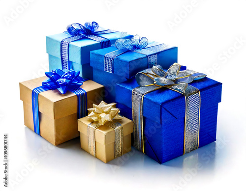 festive Hanukkah gift boxes in blue, silver, and gold with bows