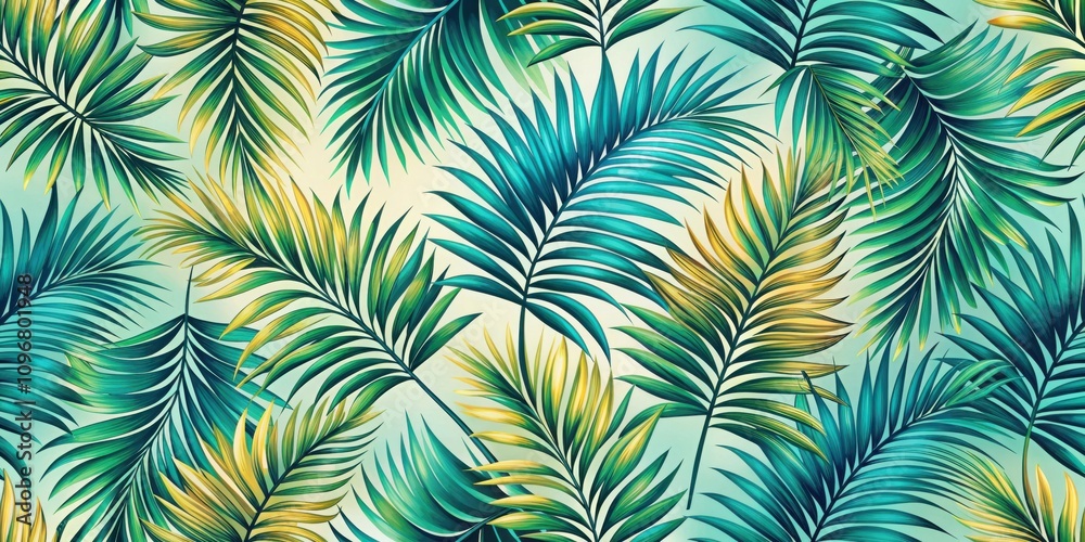 A vibrant, tropical pattern featuring lush green and yellow palm leaves against a soft, light blue background, creating a sense of tranquility and summery escapism. A vibrant, tropical pattern featuring lush green and yellow palm leaves against a soft, light blue background, creating a sense of tranquility and summery escapism.