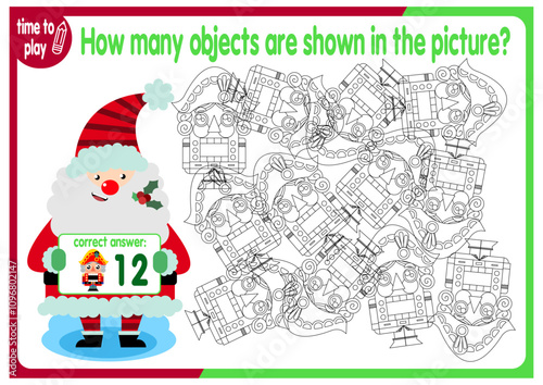 Count how many objects are hidden in the picture. Educational game for children. Colorful cartoon characters. Funny vector illustration. New Year. Christmas	
