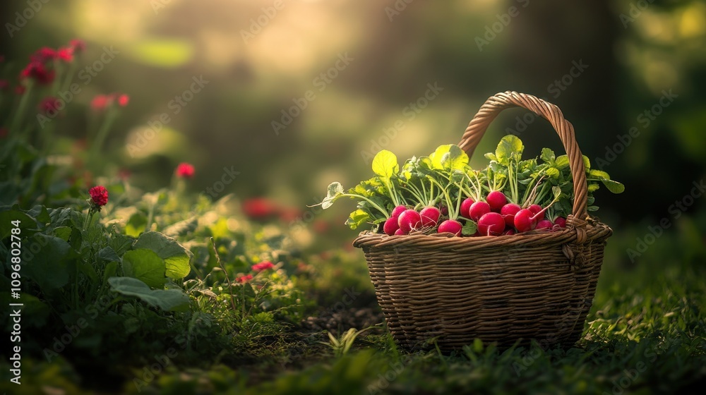 A woven basket filled with fresh radishes, set in a sunlit garden. A woven basket filled with fresh radishes, set in a sunlit garden.