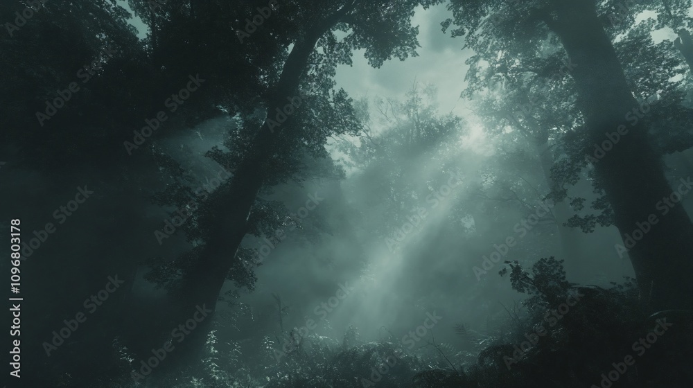 Sunbeams pierce misty, dark forest scene. Sunbeams pierce misty, dark forest scene.