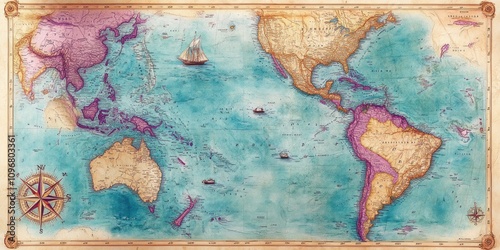 Antique World Map Showing Ocean Voyages and Continents