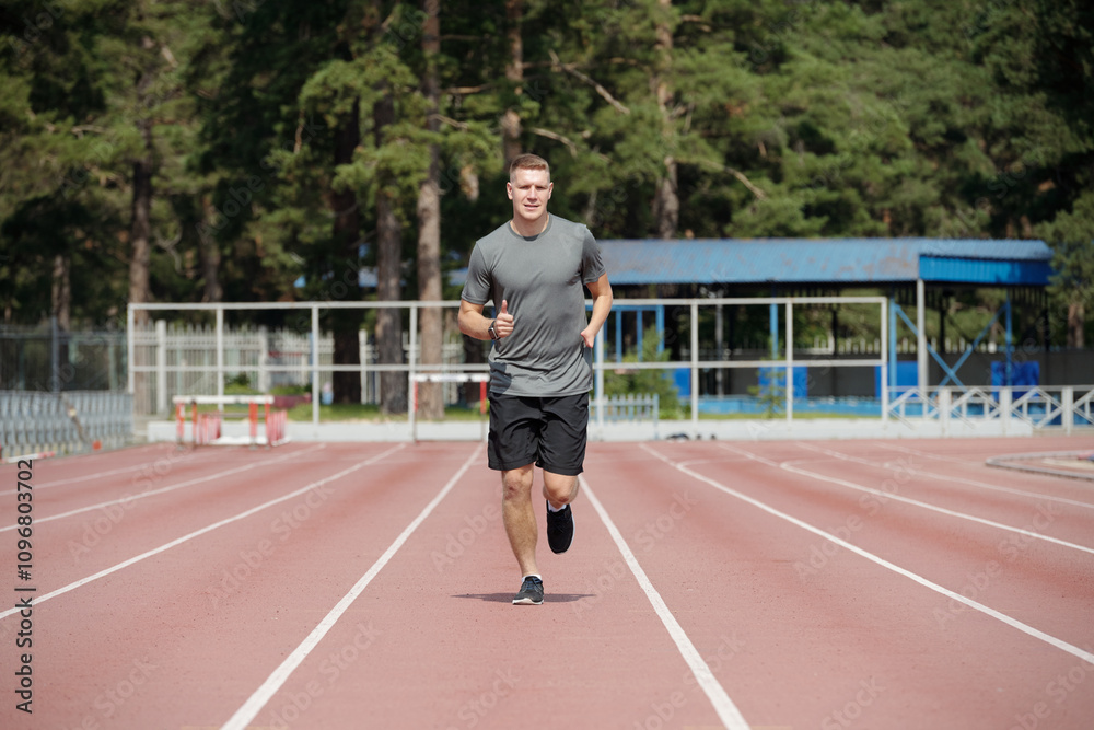 Athletic man jogging on outdoor running track in well-maintained park surrounded by tall evergreen trees, wearing casual sports attire Athletic man jogging on outdoor running track in well-maintained park surrounded by tall evergreen trees, wearing casual sports attire