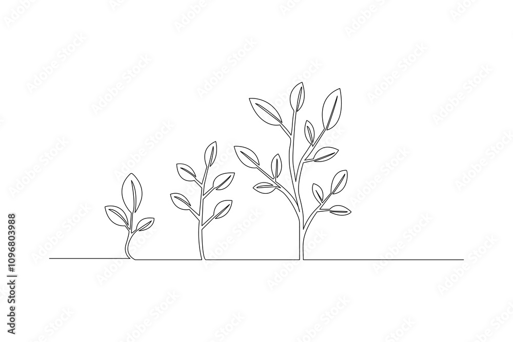 Growth plant processing one line drawing of tree outline flat vector icon