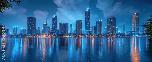Night Cityscape with Illuminated Skyscrapers Reflecting in Water