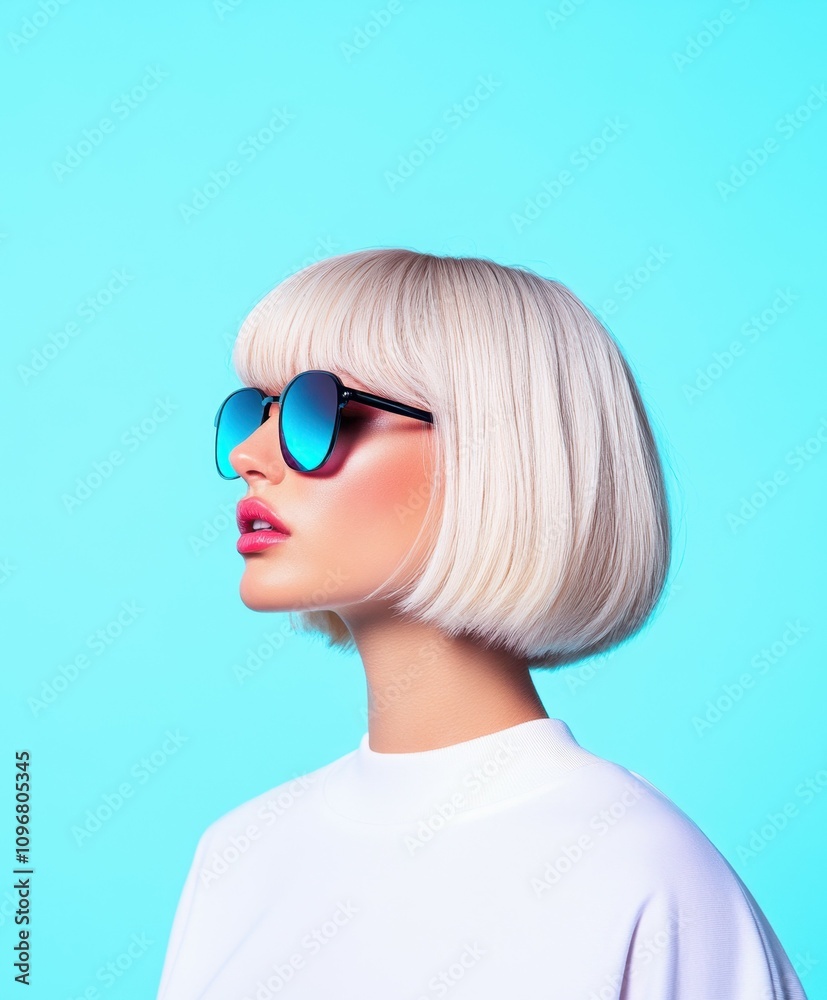 editorial portrait of a modern woman, minimal background, pastel tone grading, she has mid-length futuristic bleached blonde cropped hair, fashion style editorial portrait of a modern woman, minimal background, pastel tone grading, she has mid-length futuristic bleached blonde cropped hair, fashion style