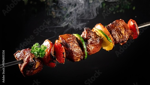 Shashlyk on a skewer on a black background
