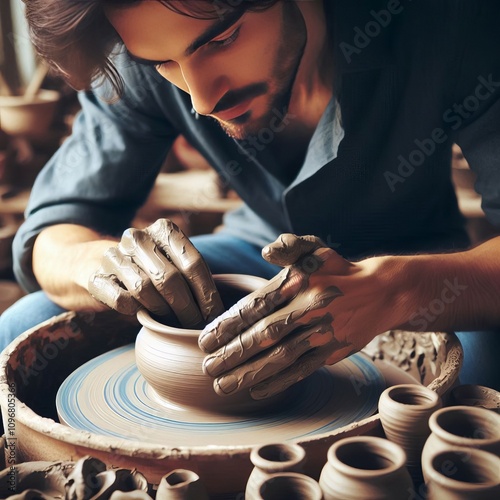 Pottery Handbuilding Man meticulously pinching and coiling clay photo