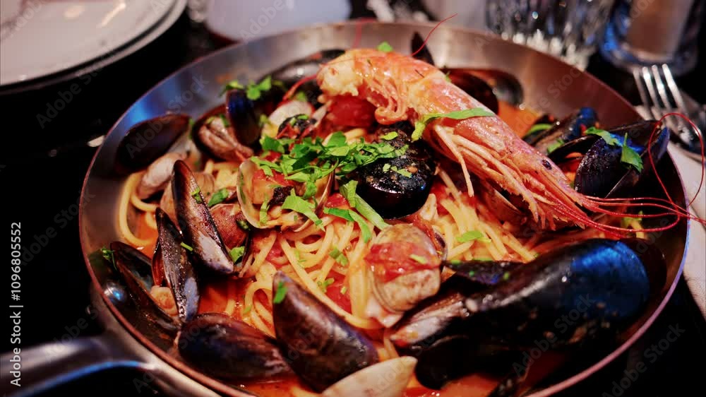Close up of pasta with tomato sauce and mussels and sea food in a pan Close up of pasta with tomato sauce and mussels and sea food in a pan