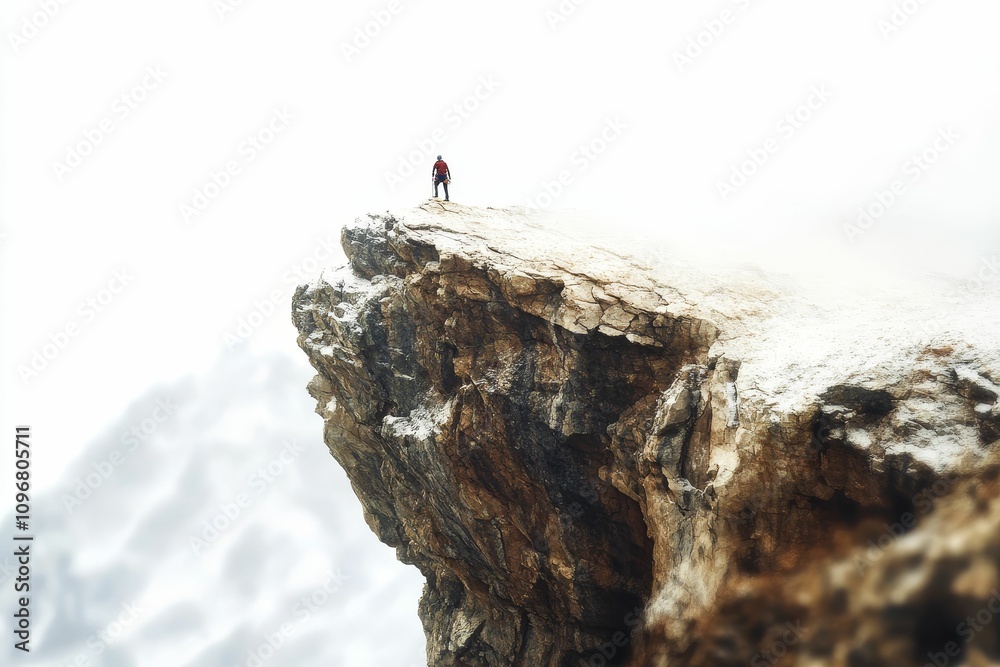 Lone hiker atop snowy, rocky mountain peak. Lone hiker atop snowy, rocky mountain peak.