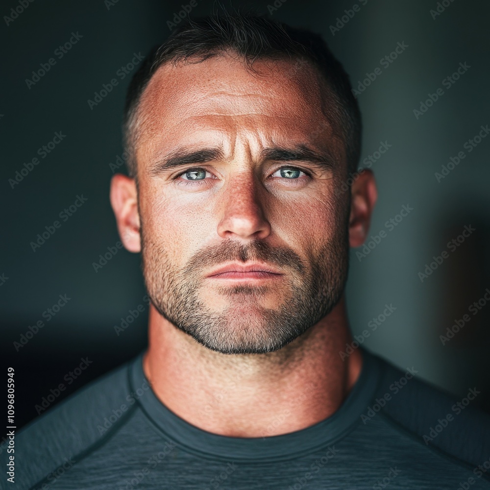 fit white man stares into the camera in a bootcamp location as though he is a drill instructo fit white man stares into the camera in a bootcamp location as though he is a drill instructo