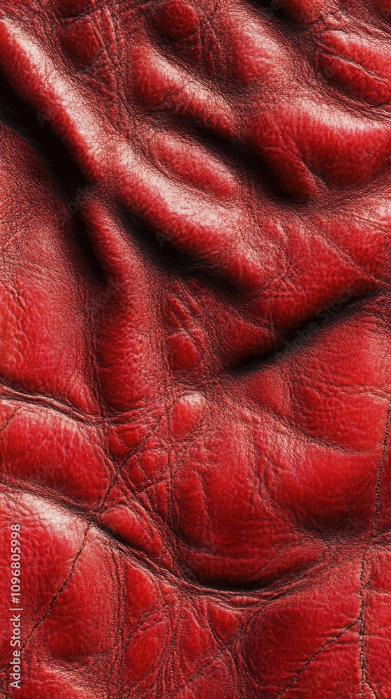 Obraz premium Close-up of wrinkled red leather texture, showcasing depth and richness of color.