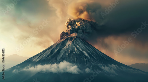 Erupting volcano with ash plume photo