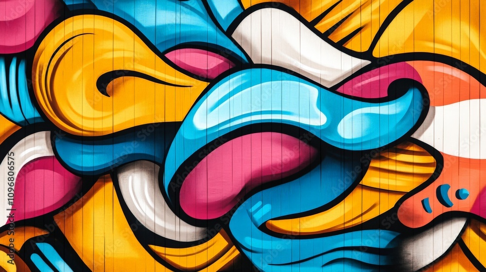Obraz premium Vibrant and colorful abstract mural featuring flowing shapes and bold hues, perfect for creative projects, backgrounds, or artistic inspiration.