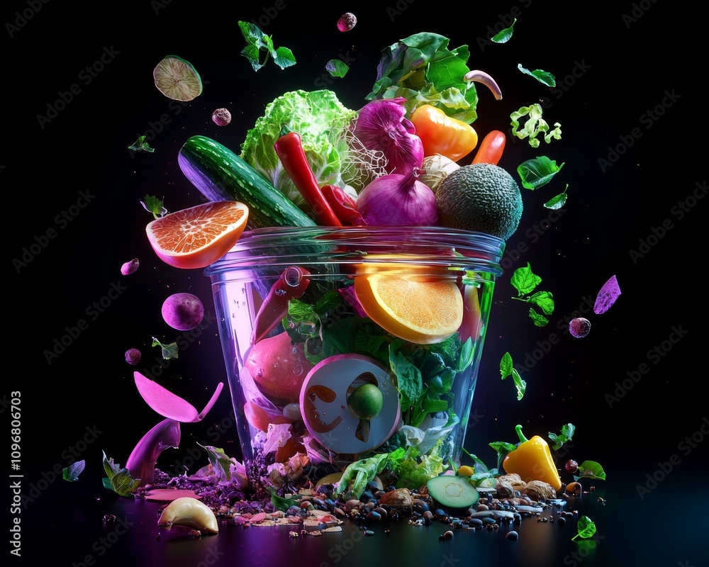 A hologram illustrating the journey of food waste and how composting can transform it into renewable energy or fertilizer.