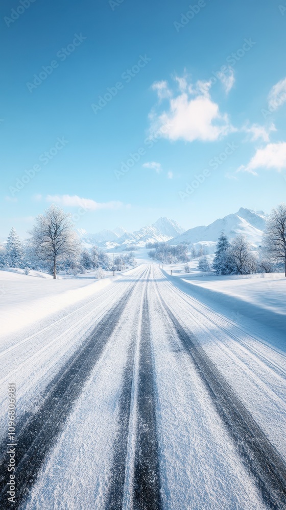 snowy road, sky is visible, epic, realistic snowy road, sky is visible, epic, realistic