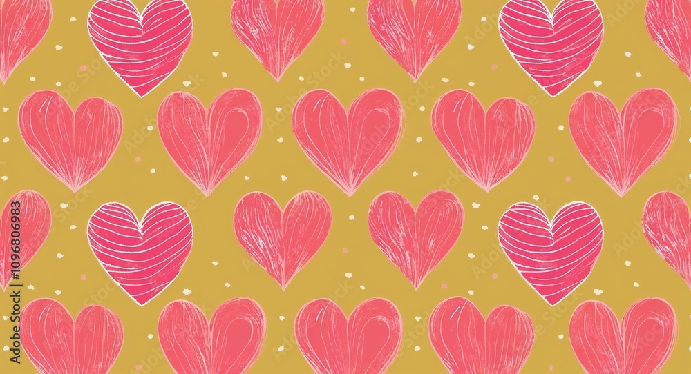 Pink Heart pattern hand drawn design on Yellow background illustration Pink Heart pattern hand drawn design on Yellow background illustration