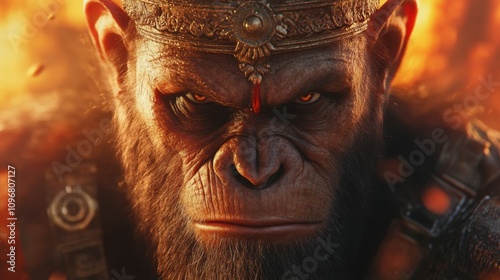  ancient Indian monkey king looking curious. Make his look powerful and strong photo