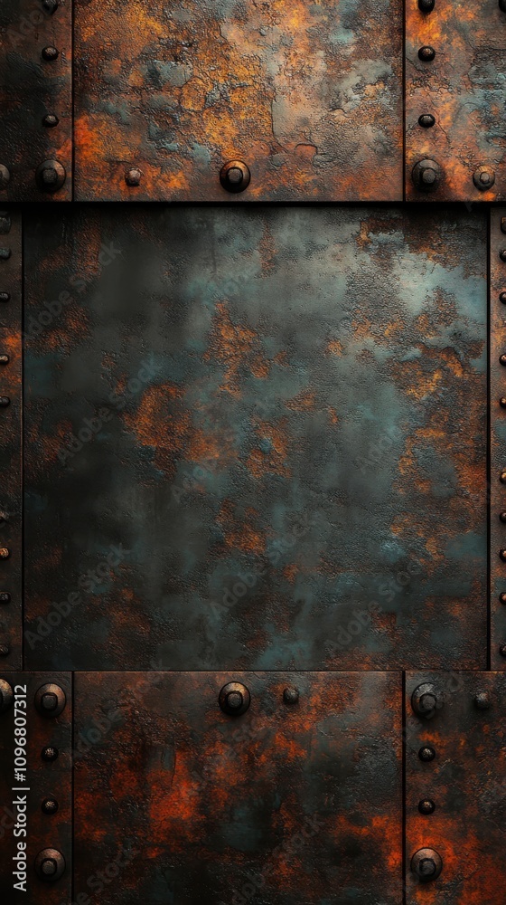 Textured metal surface with rust and rivets, showcasing an industrial vintage aesthetic. Textured metal surface with rust and rivets, showcasing an industrial vintage aesthetic.
