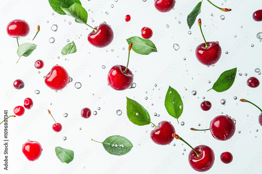 Fresh Cherries in Water Splash. Concept of healthy eating, summer, and refreshment. Fresh Cherries in Water Splash. Concept of healthy eating, summer, and refreshment.