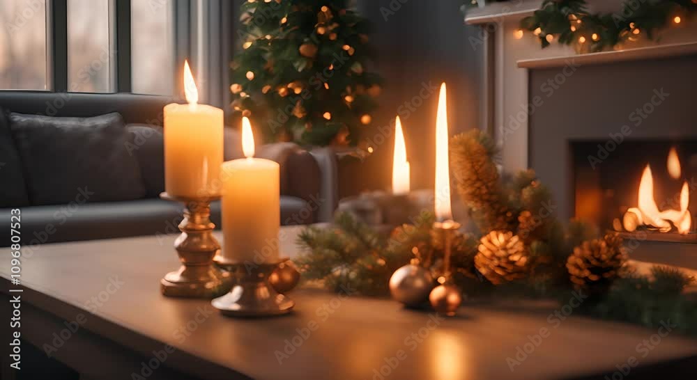 A burning candle on the table and a Christmas tree branch in a cozy room 4K A burning candle on the table and a Christmas tree branch in a cozy room 4K