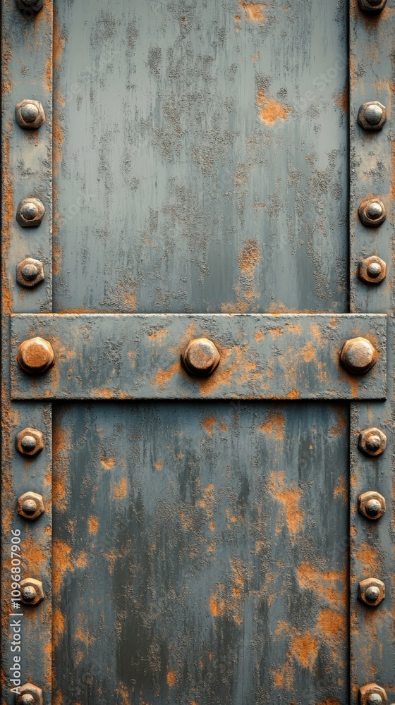 Fototapeta premium Close-up of an aged metal door with a weathered, rusty surface and bold rivets, showcasing textures of decay.