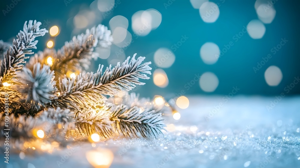 Cool icy blue background with shimmering white lights, gentle snow and a festive, frosty glow