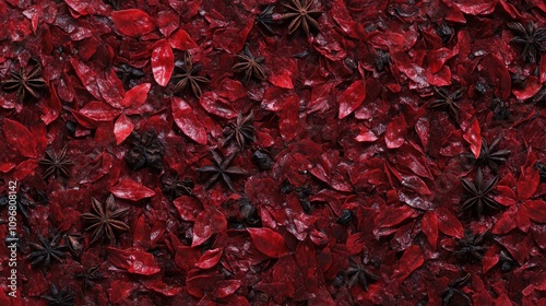 A vibrant arrangement of red leaves and star anise, creating a decorative natural display.