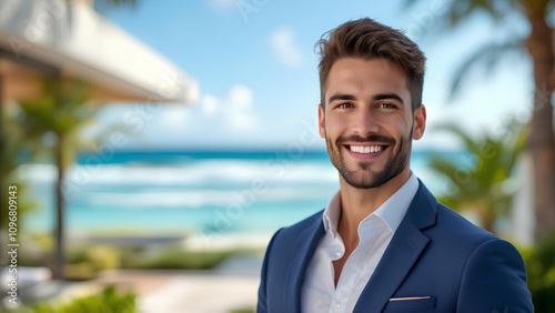 Young African American real estate agent inspects,Financial advisor or real estate agent talking,real estate agent inspects beachfront property photo