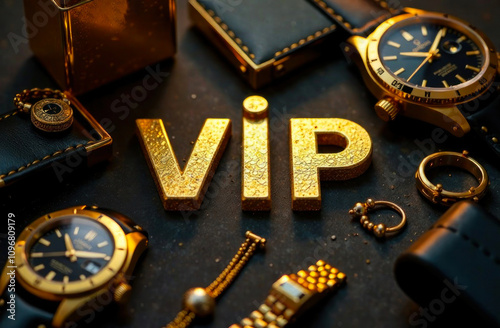 Gold jewelry and watches arranged around VIP lettering, highlighting luxury and exclusivity in a stylish presentation