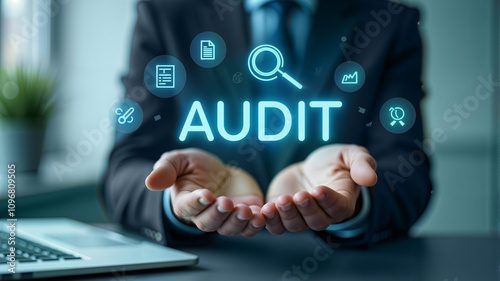 A business professional presents the concept of "Audit" with floating icons, symbolizing assessment and analysis. Suitable for finance, consulting, and compliance themes, copy space, blank