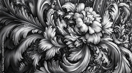 Intricate grayscale floral pattern with ornate leaves and a central flower. photo