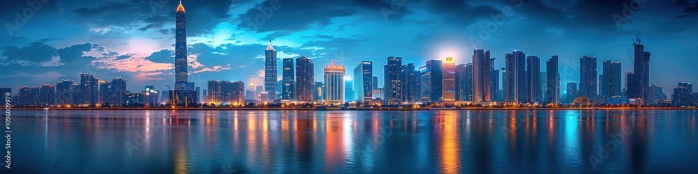 City Skyline at Dusk with Reflections in Water City Skyline at Dusk with Reflections in Water