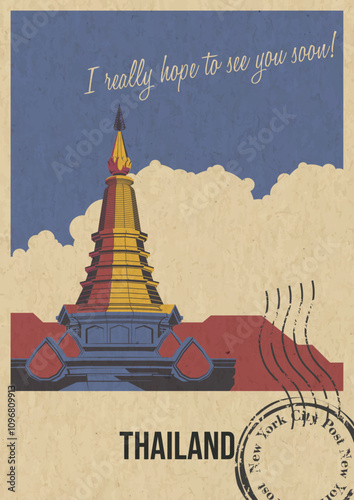 Thailand Attraction Postcard, Chiang Mai Pagoda Doi Inthanon Popular Place Illustration, Vector Template Retro Style Greeting Card with handwriting wish. Postal Imprint, Aged Paper Texture