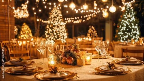 A beautifully decorated dining table set for a festive celebration, featuring elegant tableware, candles, and twinkling holiday lights in a cozy atmosphere.