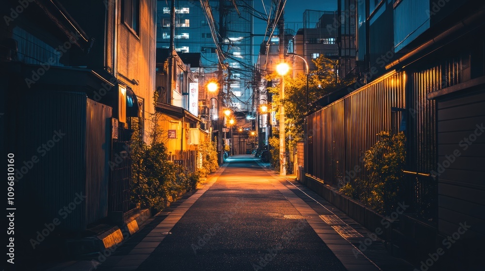 Obraz premium A quiet, illuminated alley at night with warm streetlights and lush greenery.