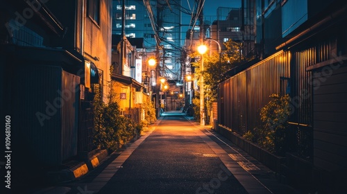 A quiet, illuminated alley at night with warm streetlights and lush greenery.