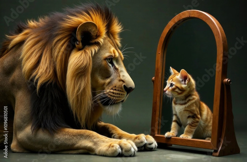 A lion and a small kitten interact curiously with each other, observing their reflections in a mirror
