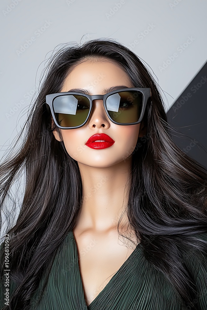 The portrait showcases a trendy young woman with long flowing hair, wearing stylish oversized sunglasses and a bold red lip The portrait showcases a trendy young woman with long flowing hair, wearing stylish oversized sunglasses and a bold red lip