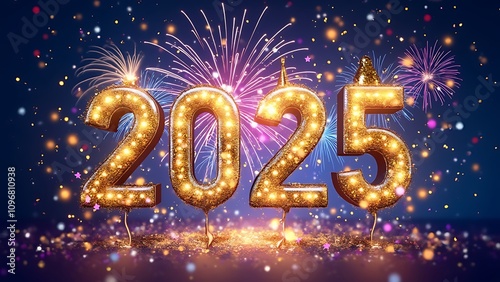 Happy New Year 2025 Neon Background, Light New year landscape night celebrate background.