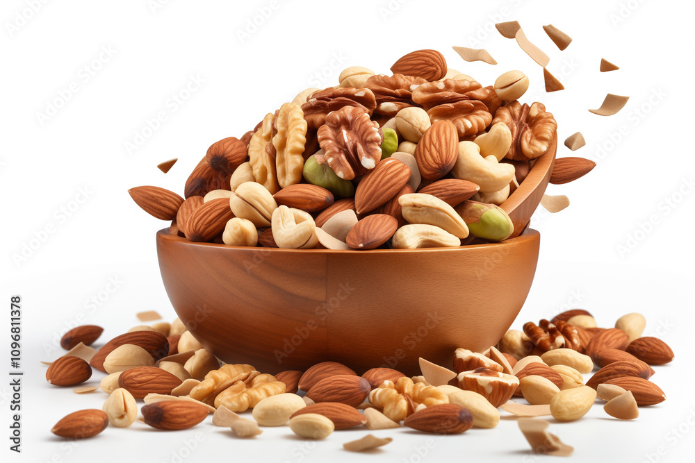 Nuts and Seeds Falling into Wooden Bowl Nuts and Seeds Falling into Wooden Bowl