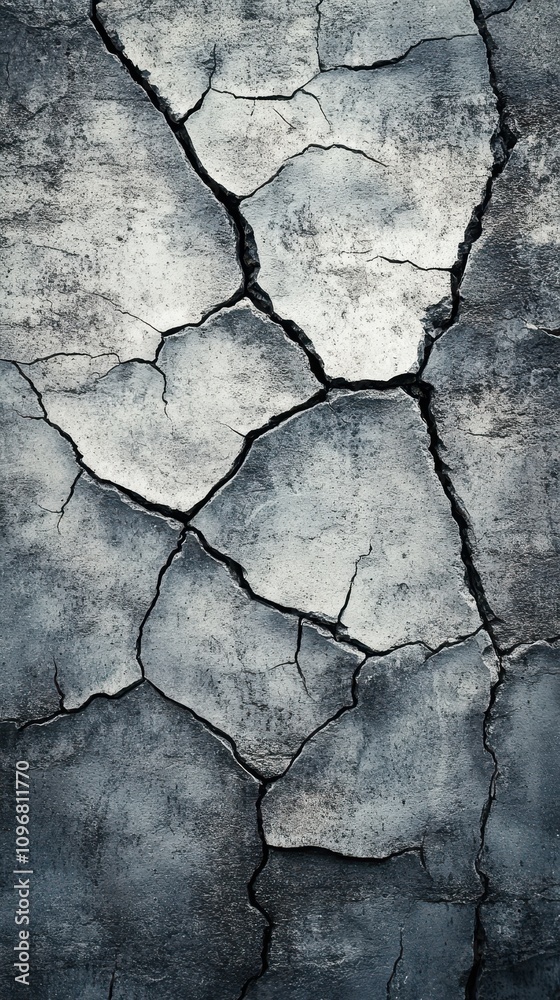 Close-up of cracked concrete surface showcasing intricate patterns and textures in shades of gray.