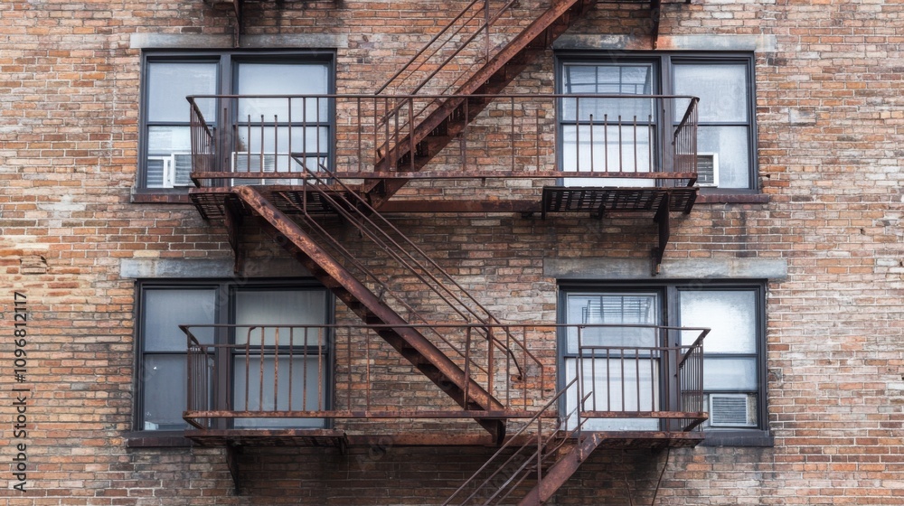 Obraz premium a fire escape staircase on the exterior of an old building, urban scenery, rusted metal