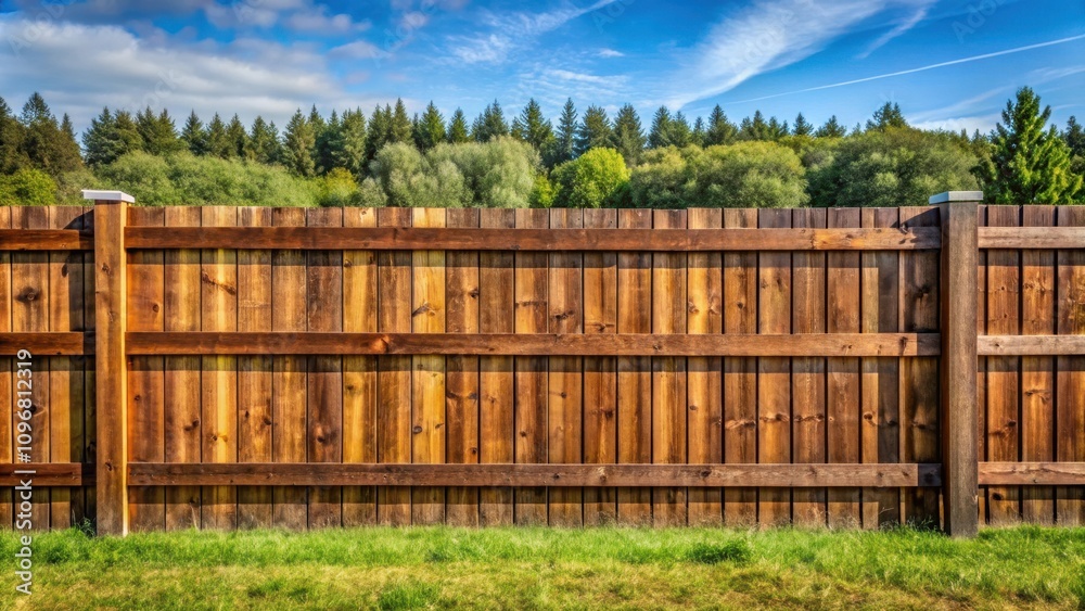 Fototapeta premium A Sturdy Wooden Fence with a Green Grassy Field in the Foreground and a Line of Trees in the Background