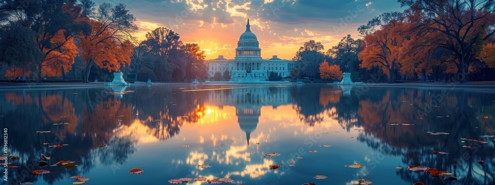 The US Capitol Building Reflected in the Water at Sunrise